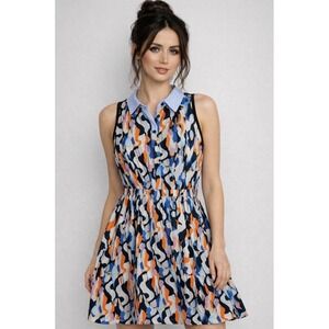 $678 Carven Printed Shirt Dress Womens 38 XS Blue Orange Sleeveless Fit & Flare